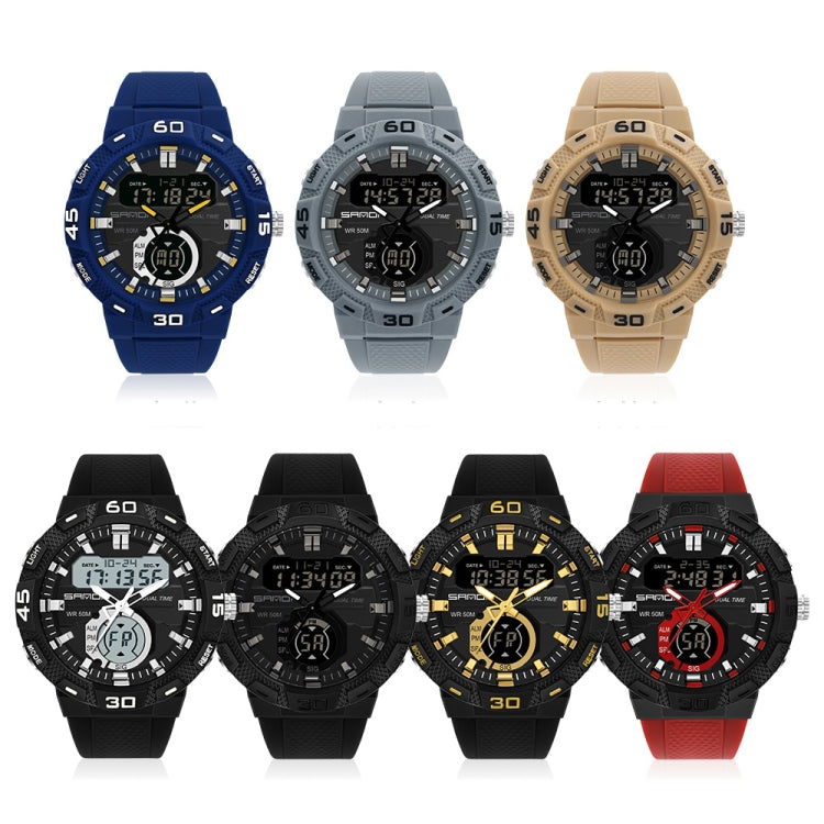 Dual display digital watch set with black, blue, gray, and beige straps