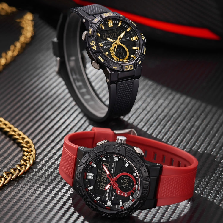 Dual display digital watches: black and red on textured surface