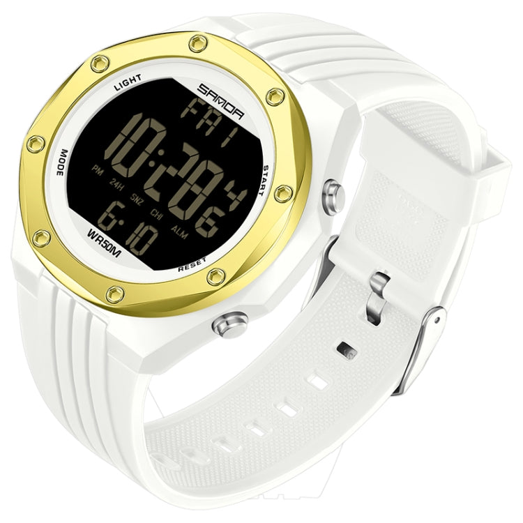 White digital luminous watch with gold bezel and black LCD, silicone strap