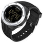 Black digital luminous watch with silver bezel and black LCD, textured silicone strap