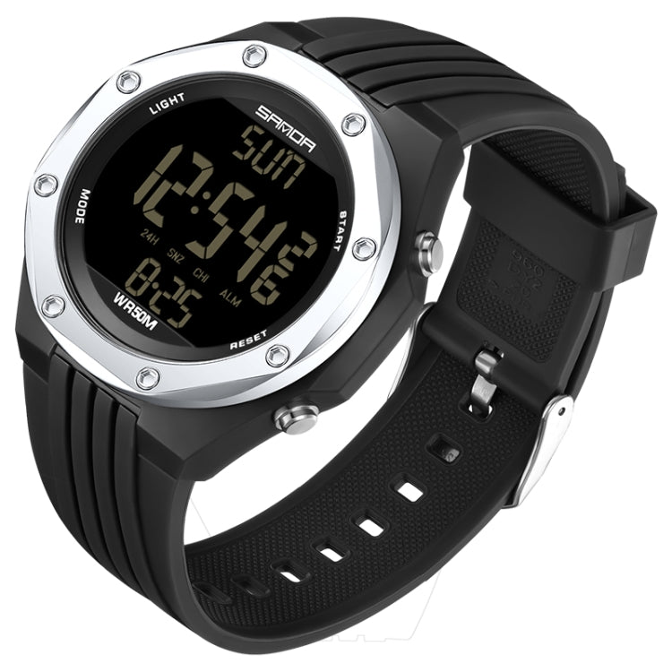 Black digital luminous watch with silver bezel and black LCD, textured silicone strap