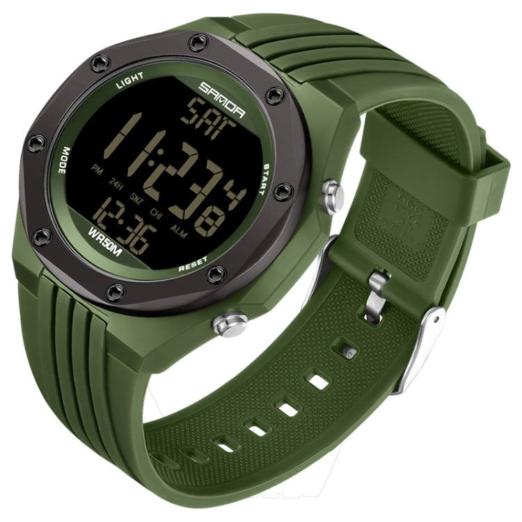 Green digital luminous watch with dark bezel and black LCD, silicone strap