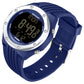Blue digital luminous watch with silver bezel and black LCD, silicone strap