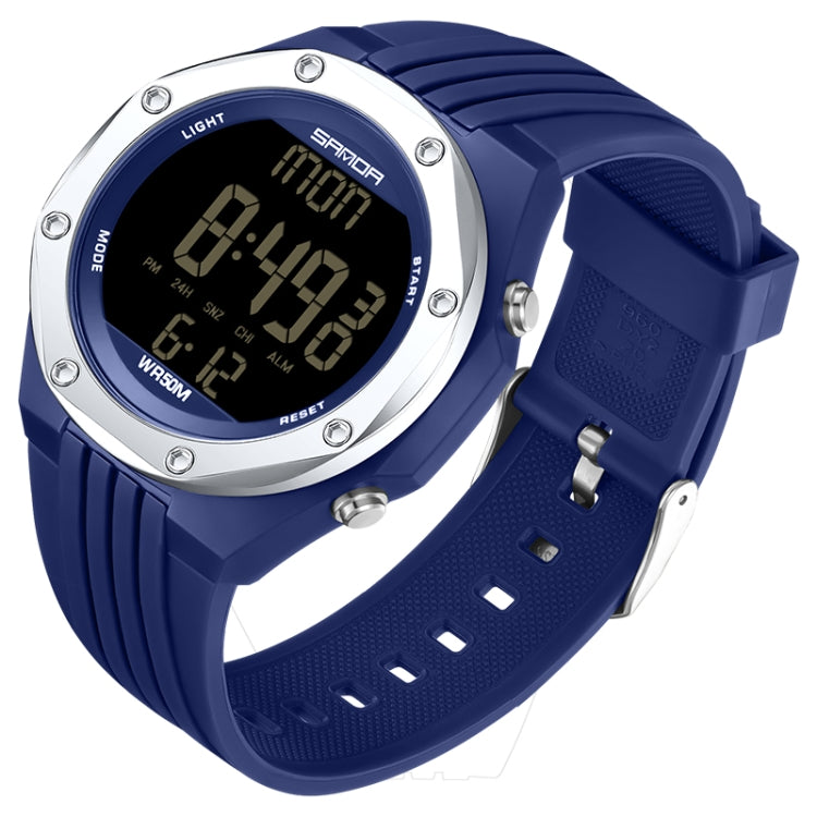 Blue digital luminous watch with silver bezel and black LCD, silicone strap