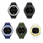 Assorted color digital luminous watches on white background, round displays