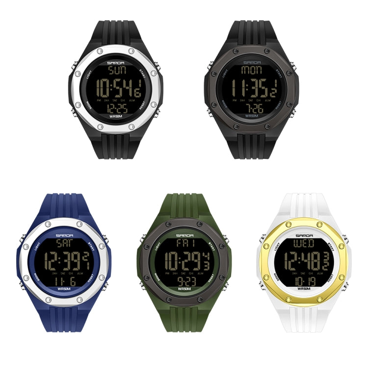Assorted color digital luminous watches on white background, round displays