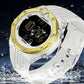 White digital luminous watch with gold bezel, splash water droplets on case