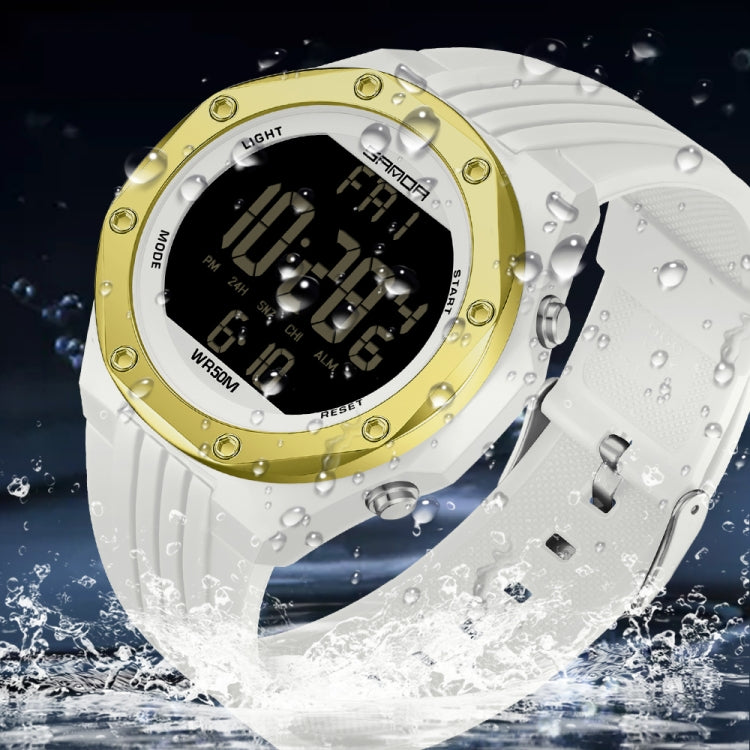 White digital luminous watch with gold bezel, splash water droplets on case
