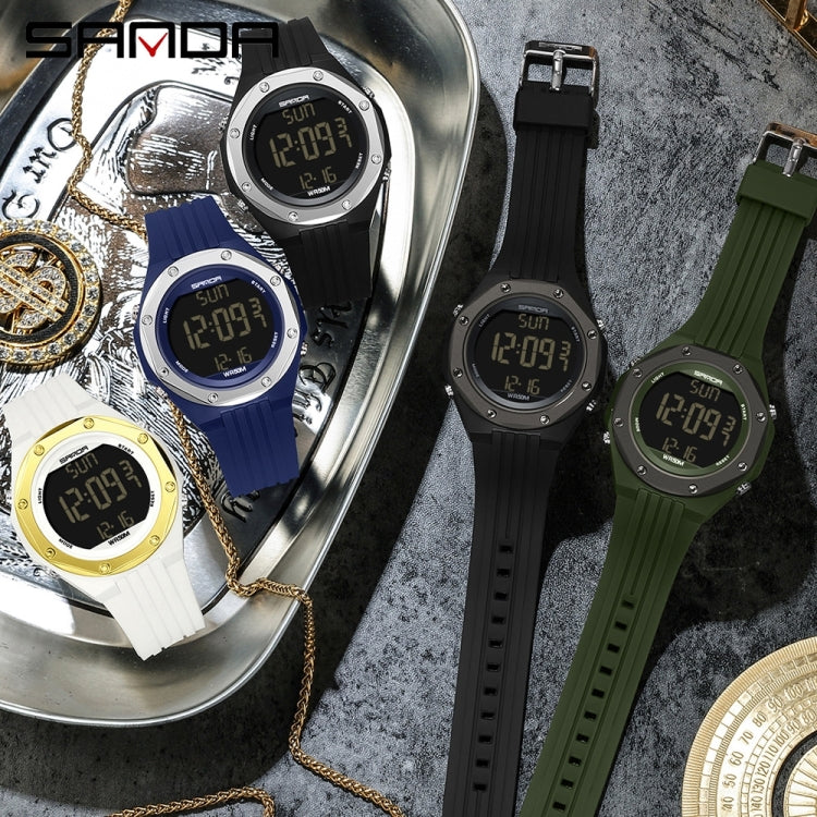 Assorted digital luminous watches with round cases and silicone straps, close-up view