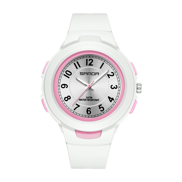 Student sports waterproof electronic watch with white strap, pink accents, black dial