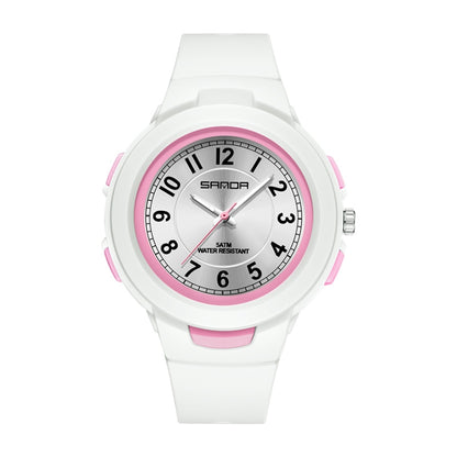 Student sports waterproof electronic watch with white strap, pink accents, black dial