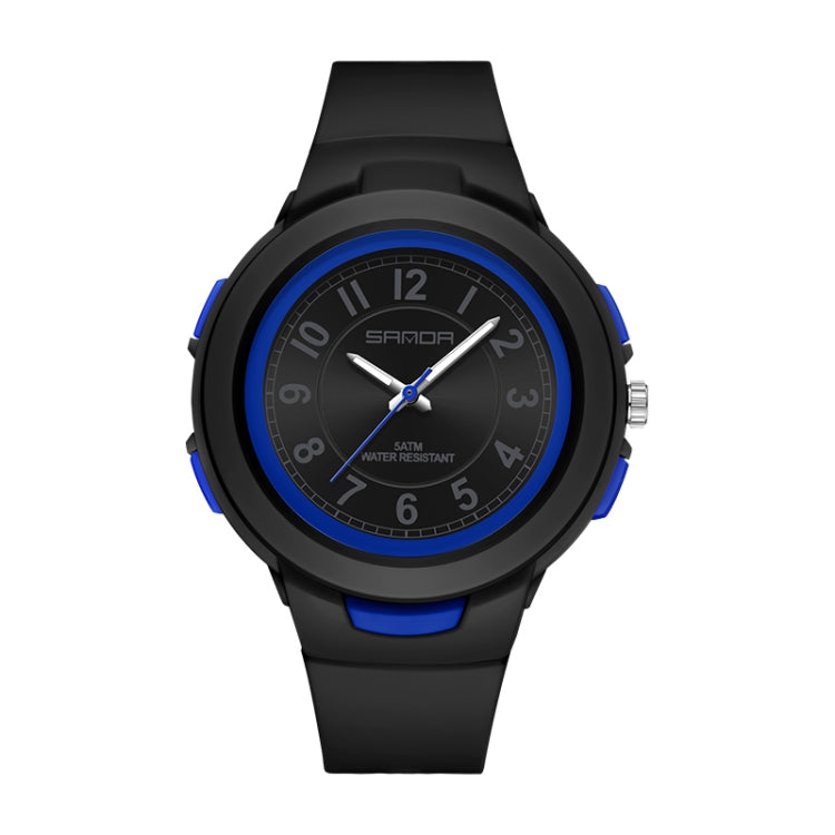 Student sports waterproof electronic watch with black strap, blue bezel accents, dark dial