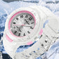 White sports waterproof electronic watch with pink bezel, water droplets on case