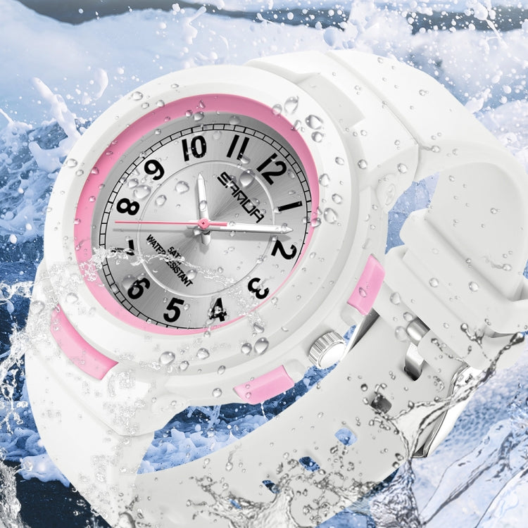 White sports waterproof electronic watch with pink bezel, water droplets on case