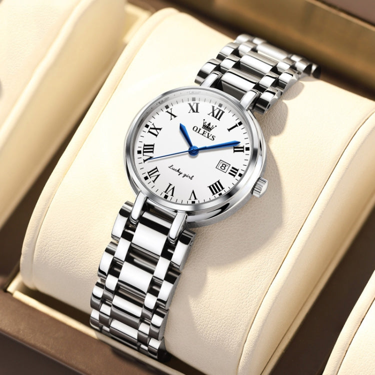 OLEVS ladies quartz watch with white dial, Roman numerals, blue hands, steel bracelet