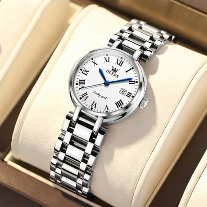OLEVS ladies quartz watch with white dial, Roman numerals, blue hands, steel bracelet