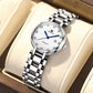 OLEVS ladies quartz watch with white dial, diamond-style markers, blue hands, steel band