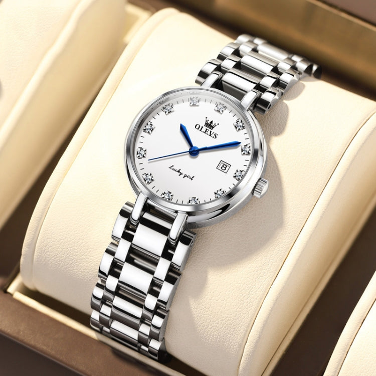OLEVS ladies quartz watch with white dial, diamond-style markers, blue hands, steel band