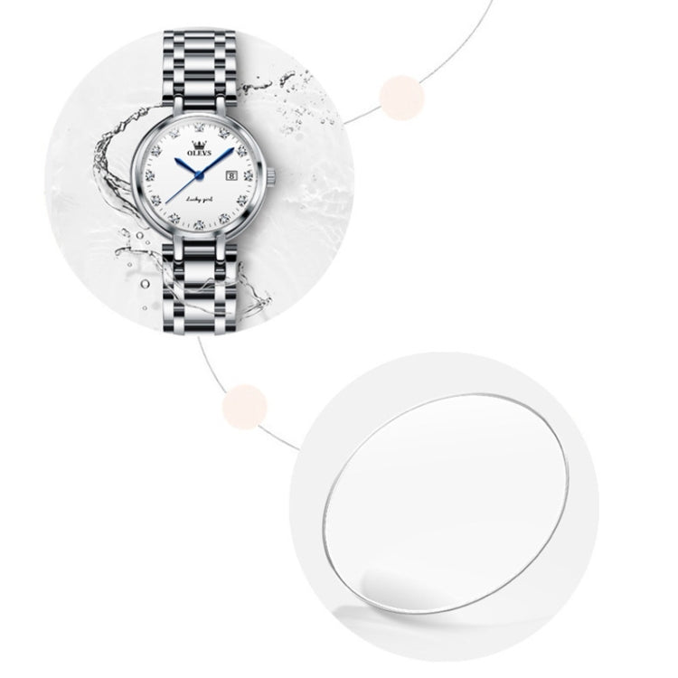 OLEVS ladies quartz watch with white dial and steel bracelet on clean light background