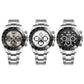 Men's mechanical wristwatch shown in three views with black dial and silver metal bracelet