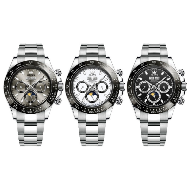 Men's mechanical wristwatch shown in three views with black dial and silver metal bracelet