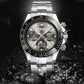 Men's mechanical watch with light dial, silver case and bracelet, multiple subdials