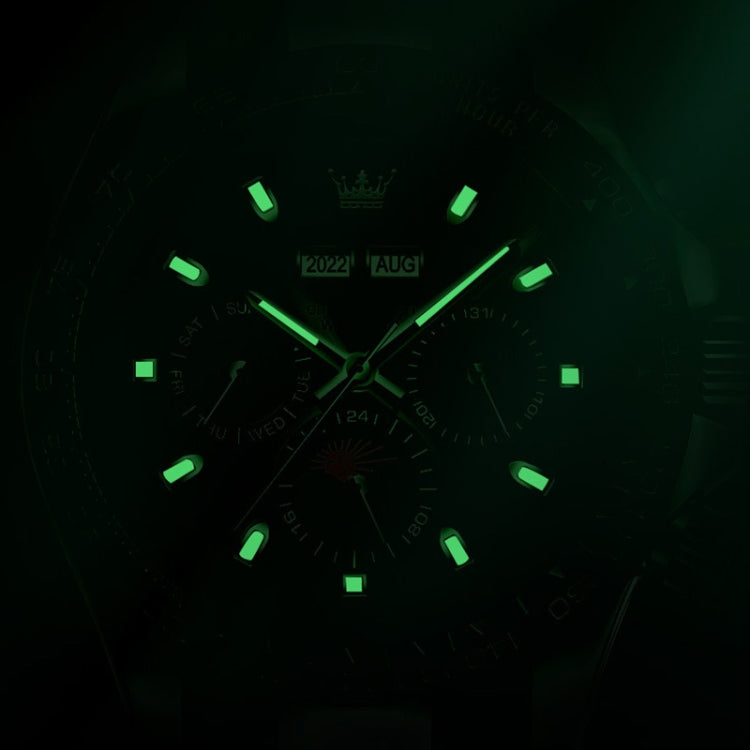 Dark watch dial with luminous green hands and hour markers