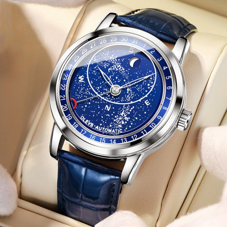 Automatic mechanical men’s watch with silver case, blue starry dial, blue leather strap