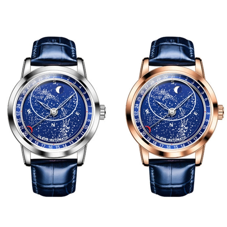 Pair of men’s automatic watches with blue leather straps and starry blue dials, silver and rose-gold