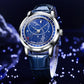Automatic mechanical men’s watch with silver case and blue starry dial on blue leather strap
