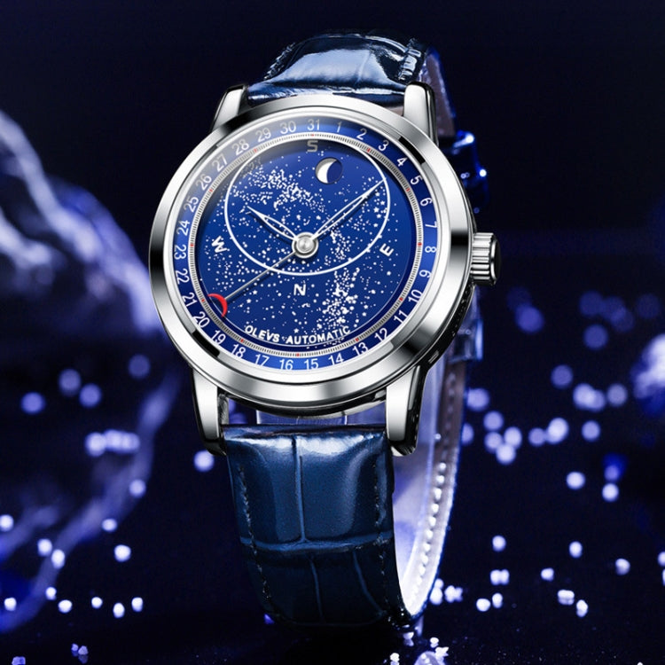 Automatic mechanical men’s watch with silver case and blue starry dial on blue leather strap
