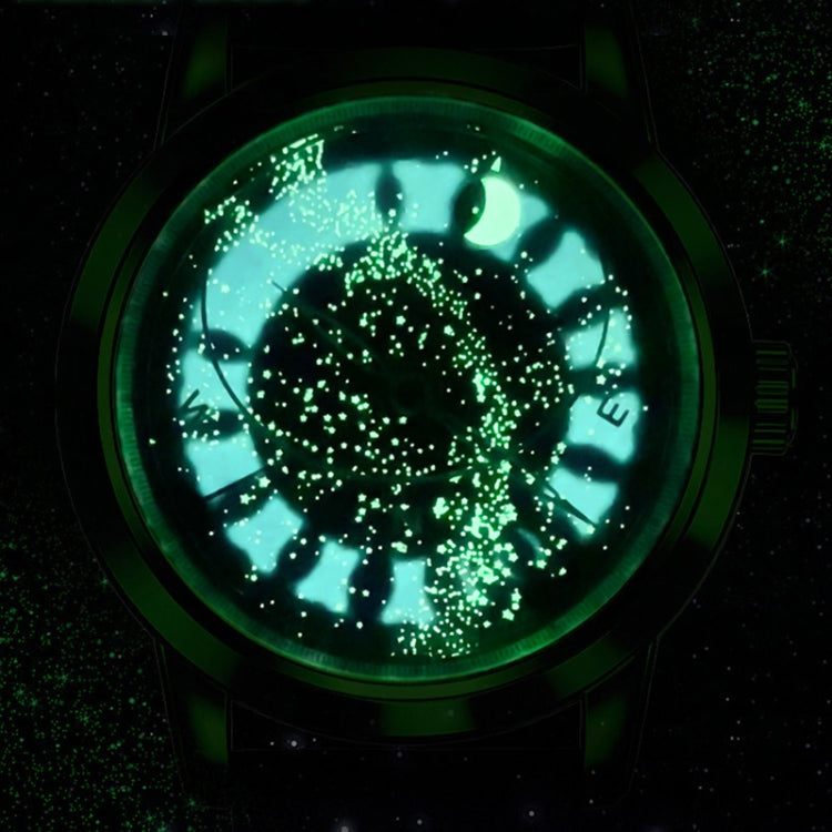 Luminous watch face with green glow effect inside round bezel, blue leather strap