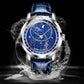 Automatic mechanical men’s watch with silver case, blue starry dial and blue leather strap