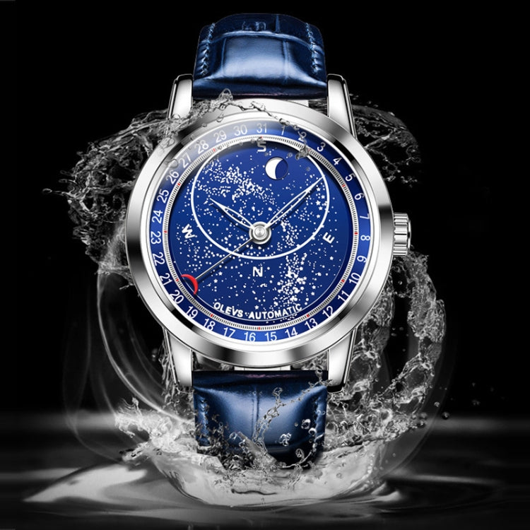 Automatic mechanical men’s watch with silver case, blue starry dial and blue leather strap