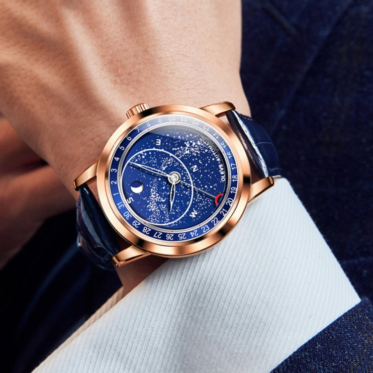 Automatic mechanical men’s watch with rose-gold case, blue starry dial, blue leather strap