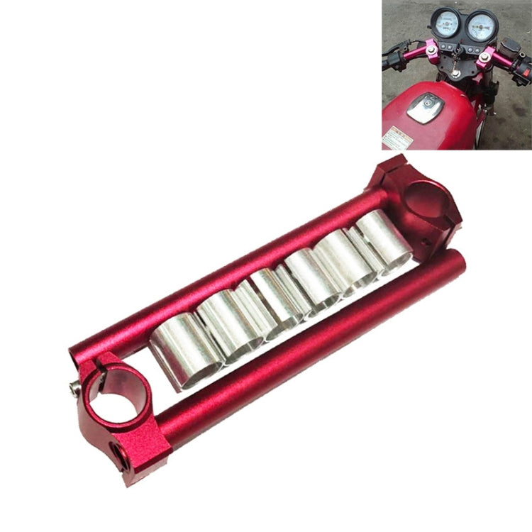 Red CNC motorcycle handlebar grip bracket with machined silver insert tubes