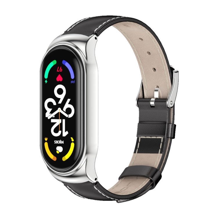 MIJOBS CS Metal Case Genuine Leather Top Layer Cowhide Watch Band, For Xiaomi Mi Band 7 / 7 NFC
