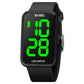 Black PU strap LED electronic watch with green digital time on dark square face