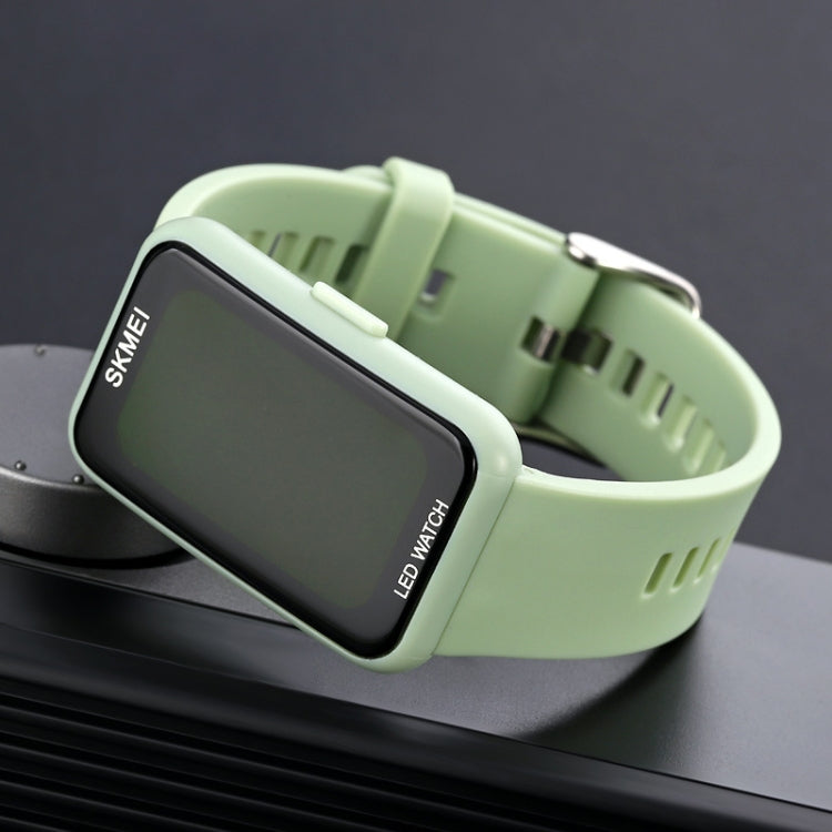 Light green PU strap LED electronic watch showing square screen and side buttons