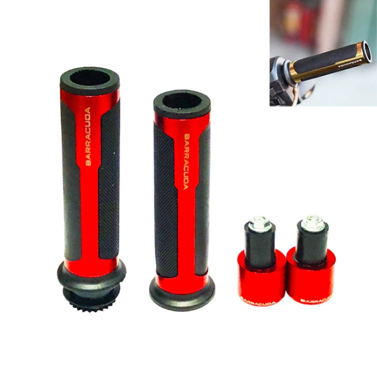 Motorcycle grip cover set with red aluminum sleeves and textured black grip center