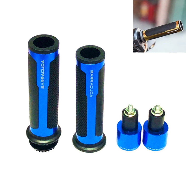 Motorcycle grip cover set with blue aluminum sleeves and black textured grip center