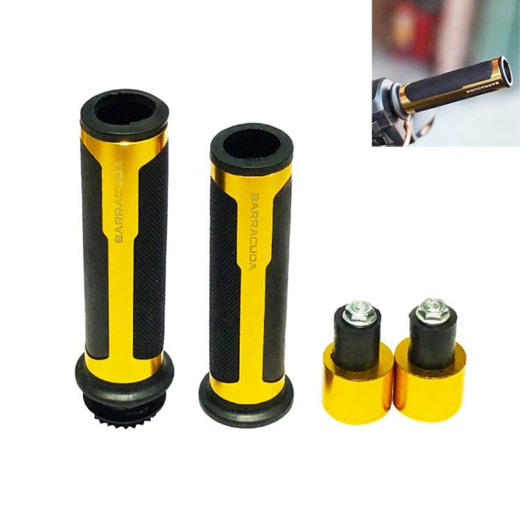 Motorcycle grip cover set with gold aluminum sleeves and textured black grip center