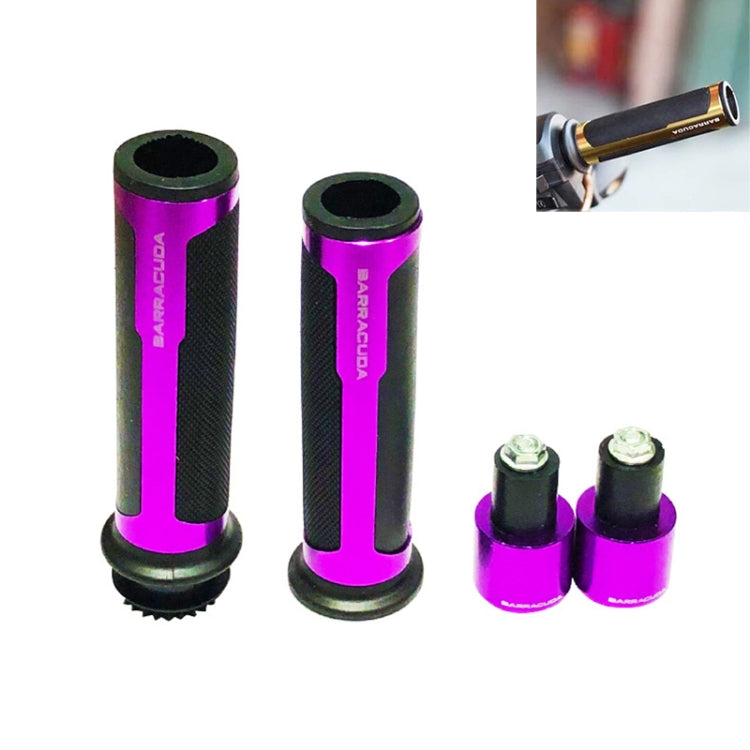 Motorcycle grip cover set with purple aluminum sleeves and textured black grip center