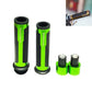Motorcycle handlebar grip cover set, neon green and black textured grips with mounting ends