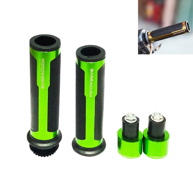 Motorcycle handlebar grip cover set, neon green and black textured grips with mounting ends