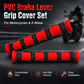 Red textured grip covers set with red end caps and animal icon pads on handlebar