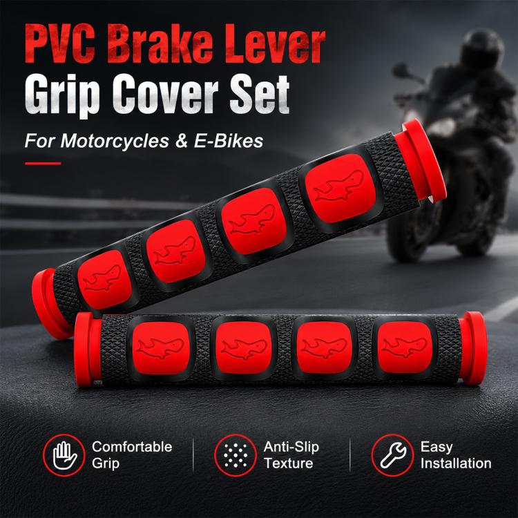 Red textured grip covers set with red end caps and animal icon pads on handlebar