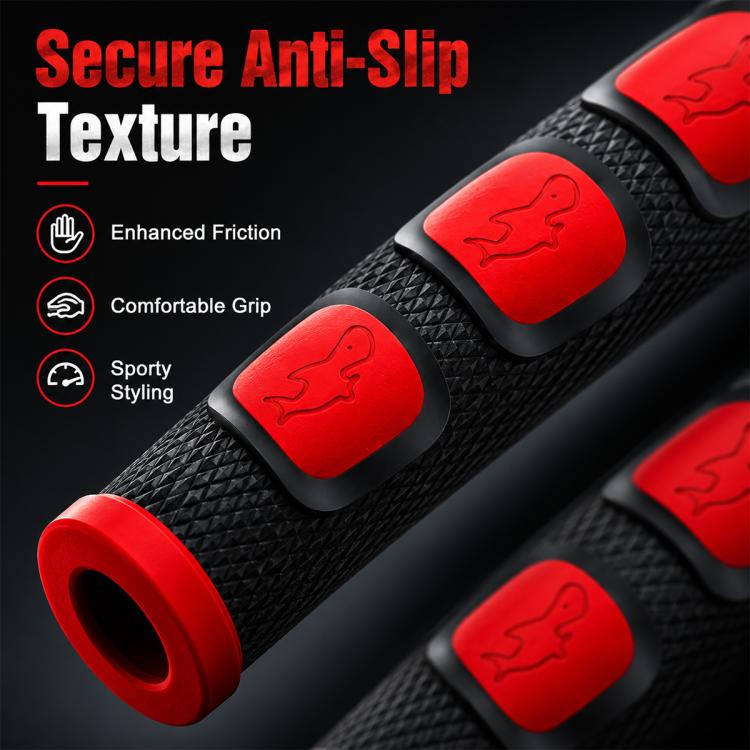 Red textured anti-slip grip covers with raised animal icon pads and red end rings