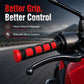 Red textured grip covers with animal icon inserts and red end caps on motorcycle handlebar