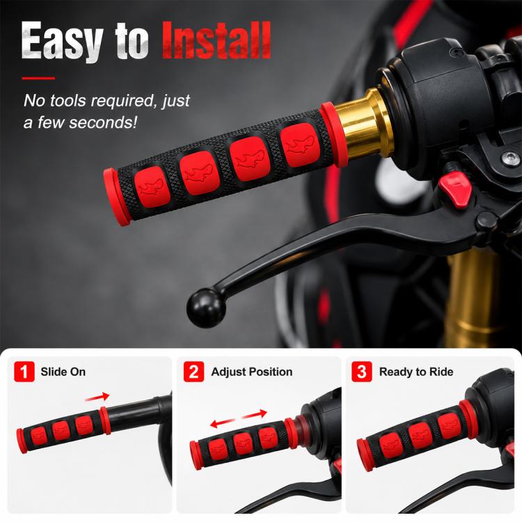 Red textured grip cover set with animal icon pads and red end caps on handlebar